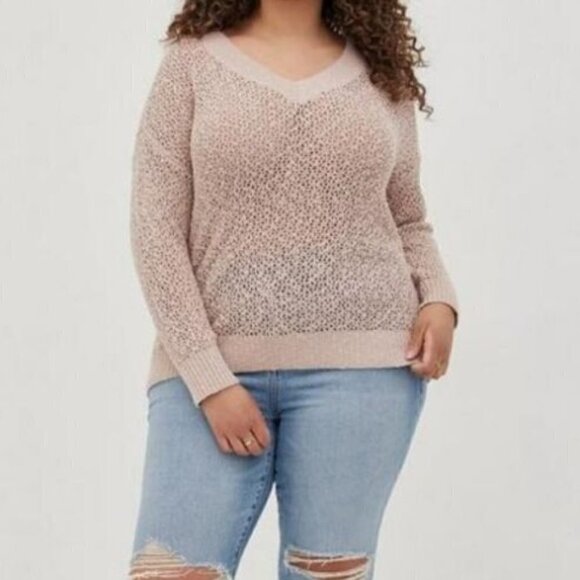 Torrid Sweater Size 1 1X Open Stitch Knit V Neck Pullover Long Sleeves Beige - Picture 2 of 14